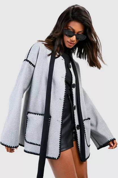 Contrast Blanket Stitch Wool Look Jacket