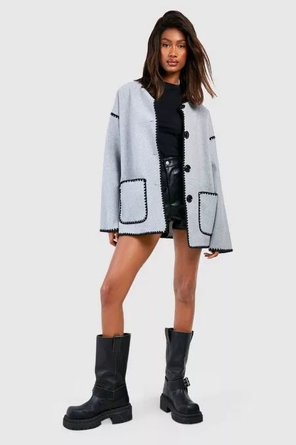 Contrast Blanket Stitch Wool Look Jacket