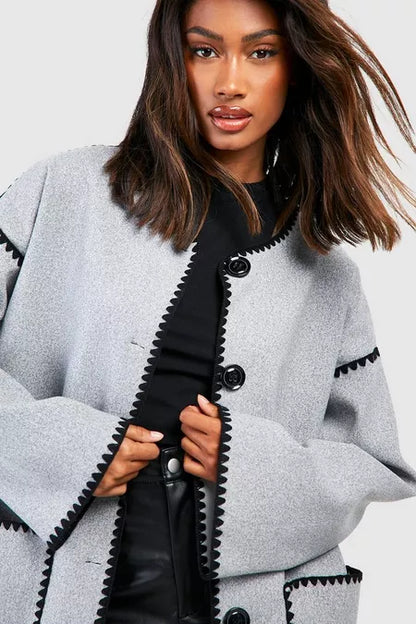 Contrast Blanket Stitch Wool Look Jacket