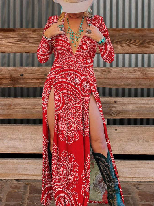 Women's Vintage Western Boho Wild West Art Print Slit Deep V Neck Dress