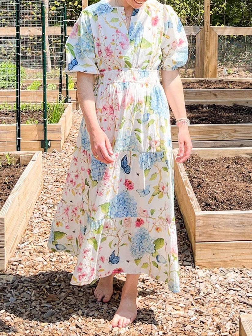 Split Neck Printed Smocked Waist Garden Dress