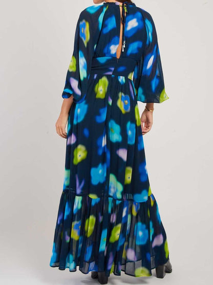 Printed Ruffled V Neck Maxi Dress