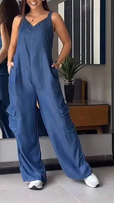 🔥Last Day 49% OFF🔥Thin Denim Cargo Pocket V-neck Jumpsuit