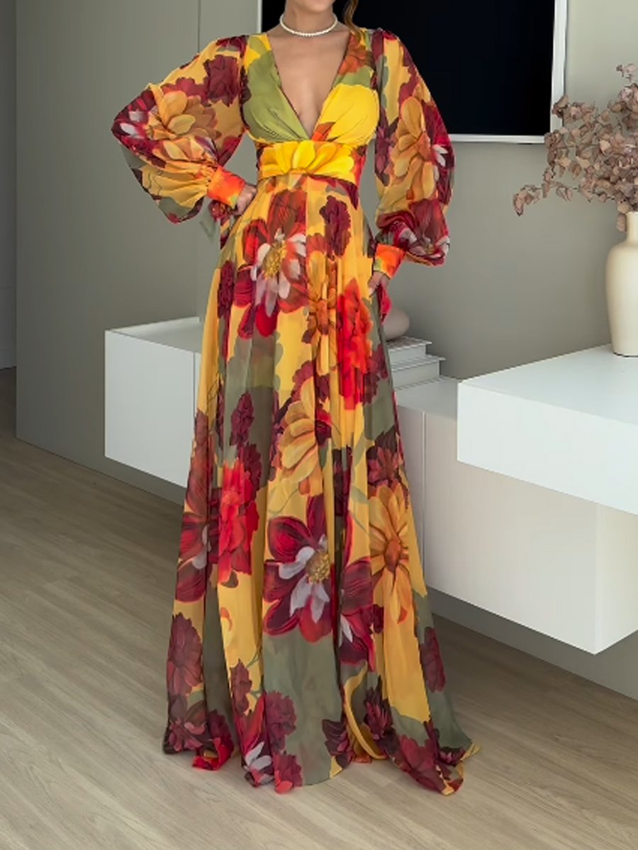 Deep V Neck Printed Slit Hem Maxi Dress