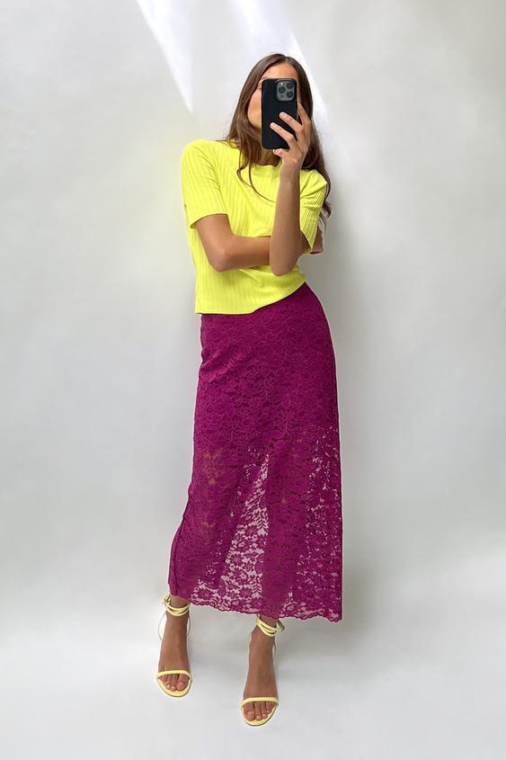 Women's Translucent Lace Midi Skirt