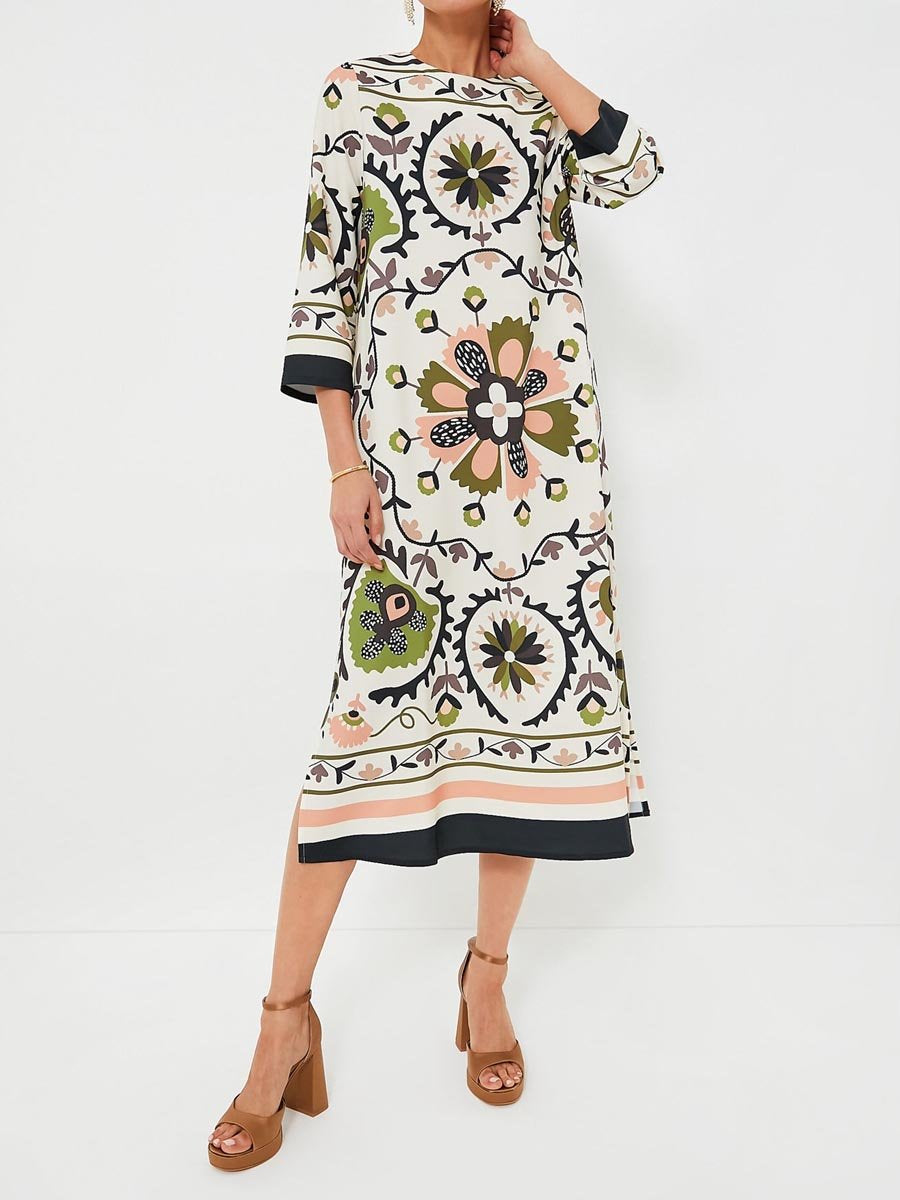 Roung Neck Printed Slit Hem Dress