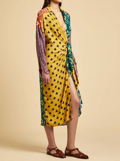 Patchwork Printed Knotted Waist Dress