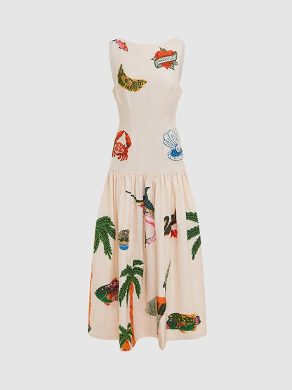 Embroidered Printed Sleeveless Drop Waist Dress