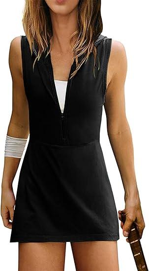 Sleeveless Half Zip Hooded Workout Mini Dress with Shorts