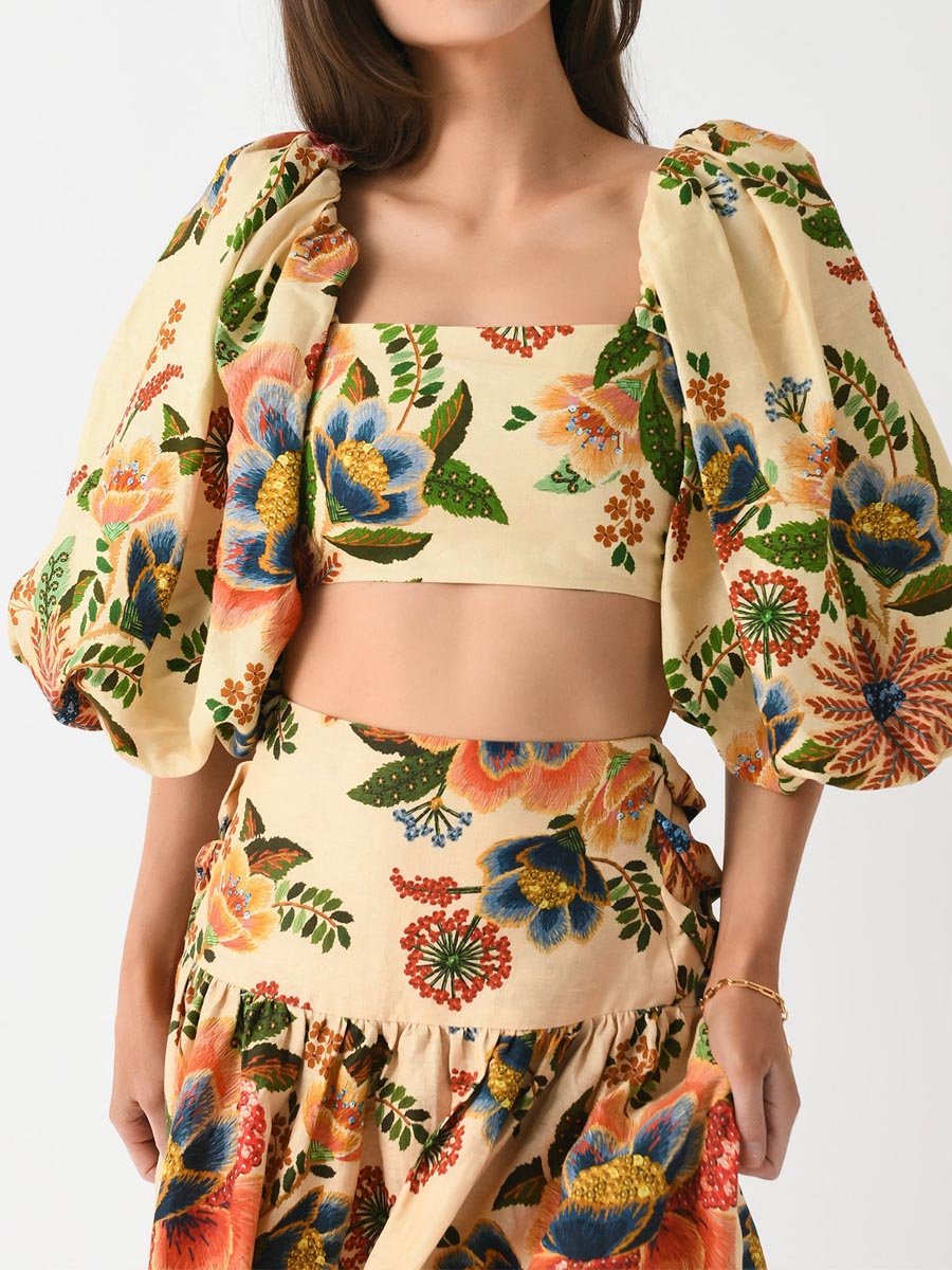 Crop Top und Röcke mit Blumenmuster und eckigem Kragen