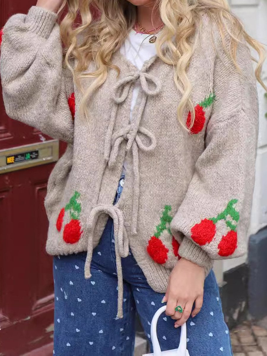 Cherry Embroidered Jacquard Cardigan Women's Strap Sweater