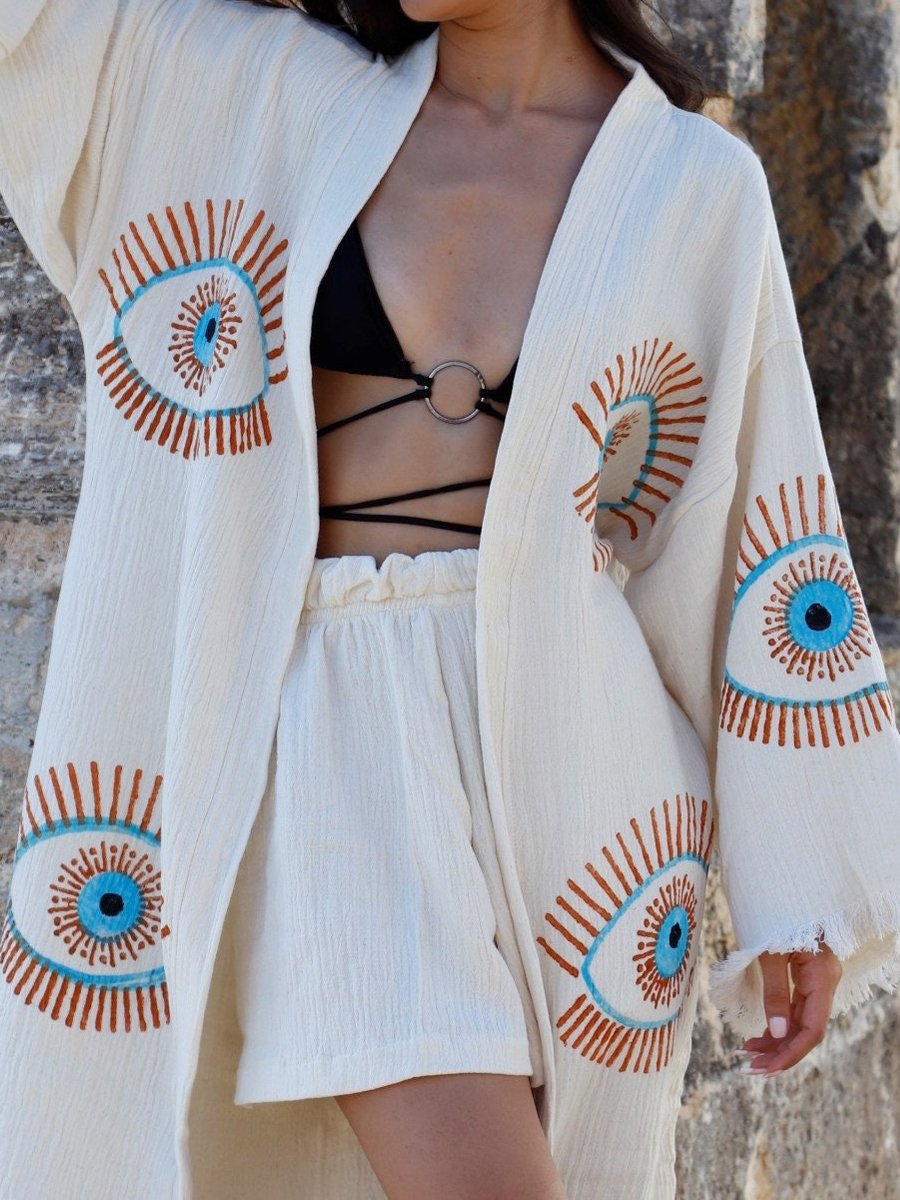 Fringes Muslin Kimono Evil Eye Cotton Robe