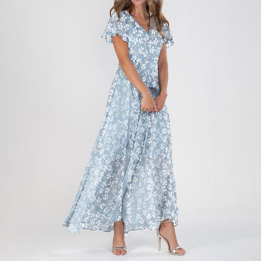 Romantic Floral Print Short Sleeve Maxi Dress