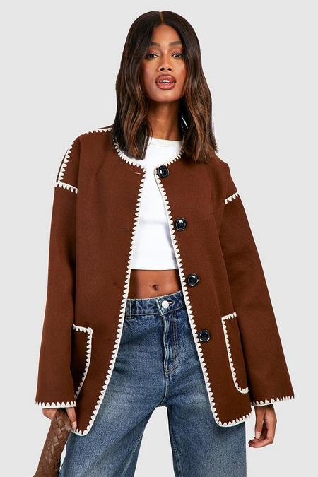 Contrast Blanket Stitch Wool Look Jacket