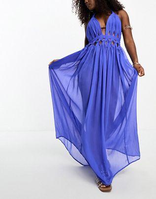 Sheer lattice maxi beach dress in cobalt blue