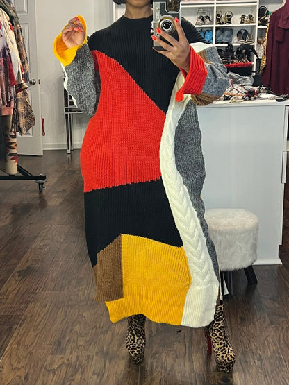 Knitted Irregular Loose Casual Color Block Maxi Sweater Dress