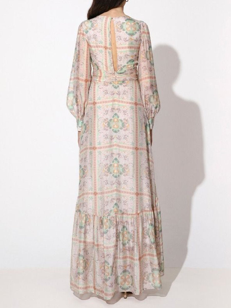 Printed Long Sleeve Backless Maxi Dress