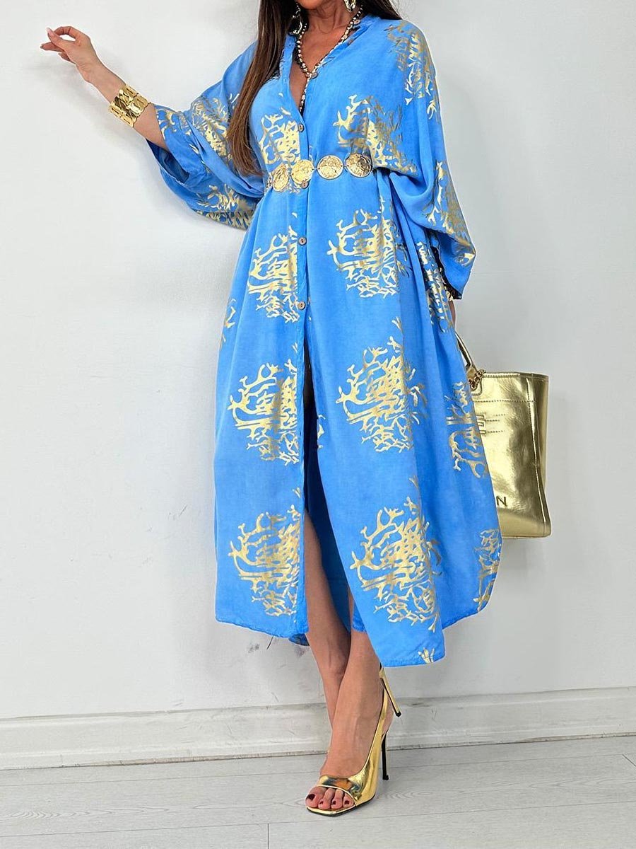 Hot Stamping V Neck Slit Loose Dress