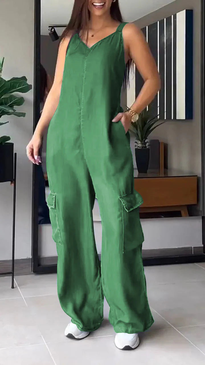 🔥Last Day 49% OFF🔥Thin Denim Cargo Pocket V-neck Jumpsuit