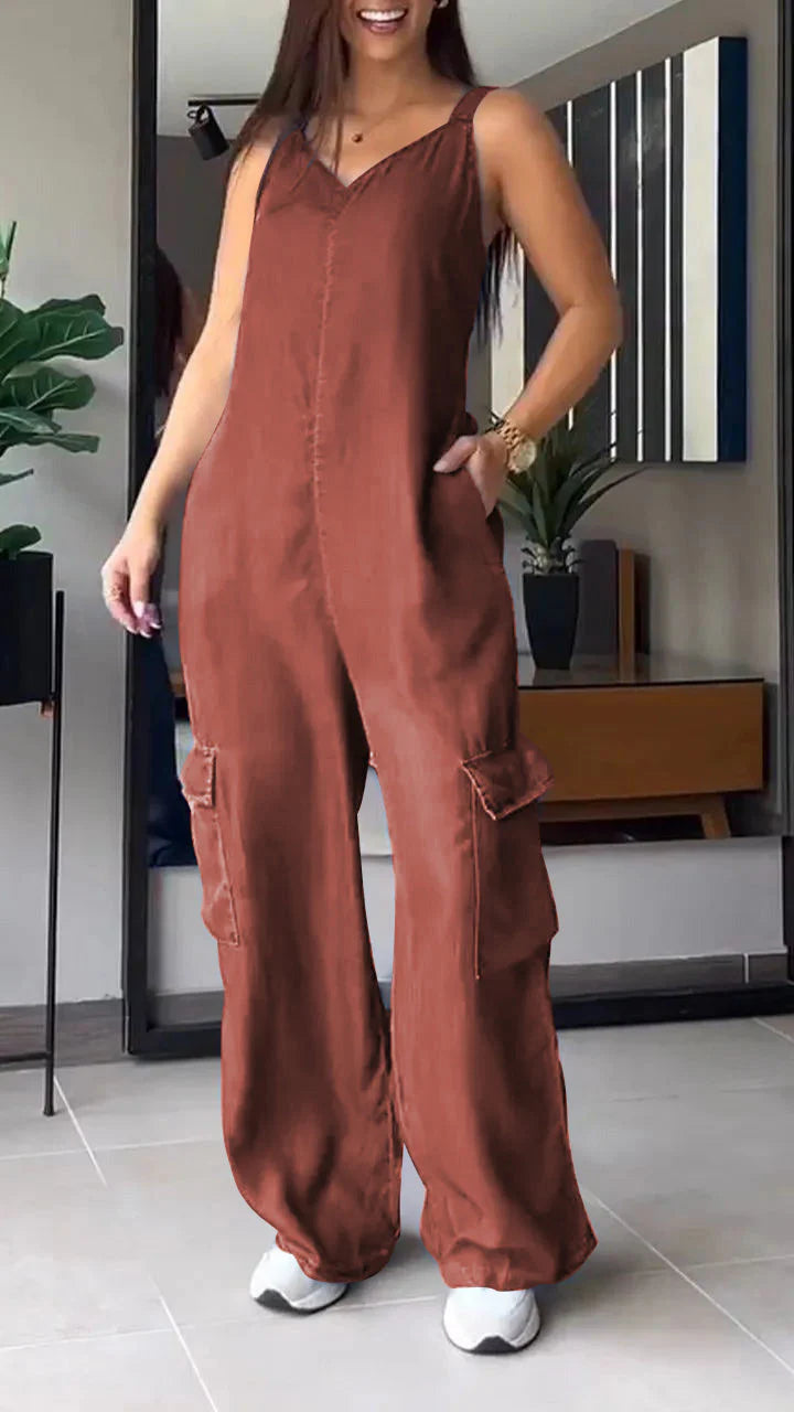 🔥Last Day 49% OFF🔥Thin Denim Cargo Pocket V-neck Jumpsuit