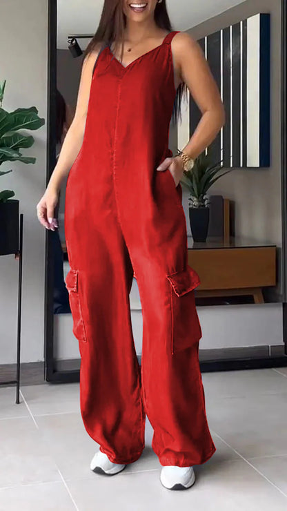 🔥Last Day 49% OFF🔥Thin Denim Cargo Pocket V-neck Jumpsuit