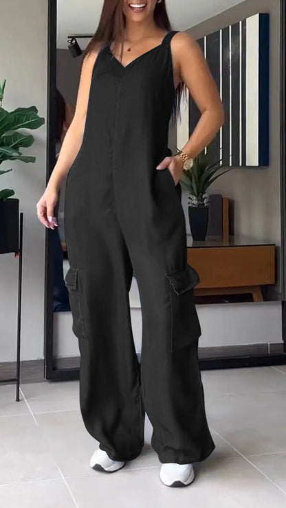 🔥Last Day 49% OFF🔥Thin Denim Cargo Pocket V-neck Jumpsuit