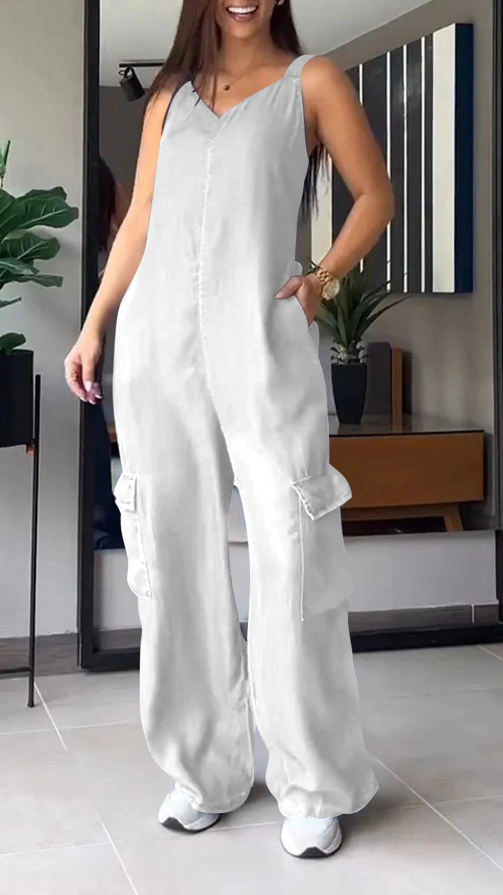 🔥Last Day 49% OFF🔥Thin Denim Cargo Pocket V-neck Jumpsuit