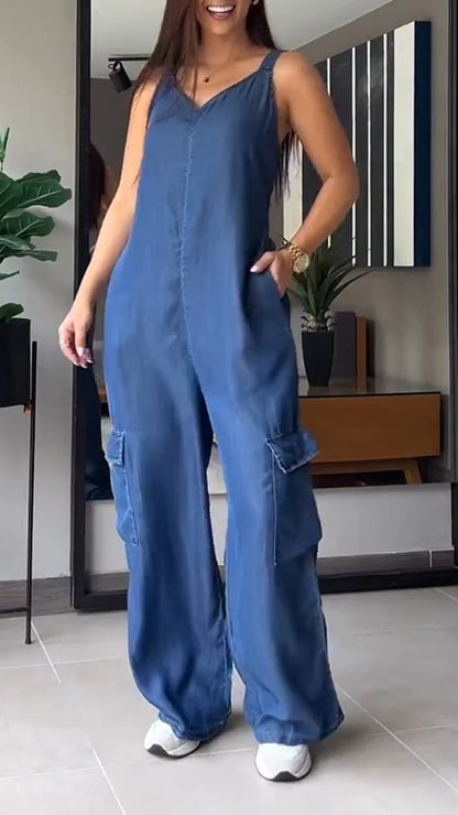 🔥Last Day 49% OFF🔥Thin Denim Cargo Pocket V-neck Jumpsuit