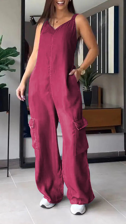 🔥Last Day 49% OFF🔥Thin Denim Cargo Pocket V-neck Jumpsuit