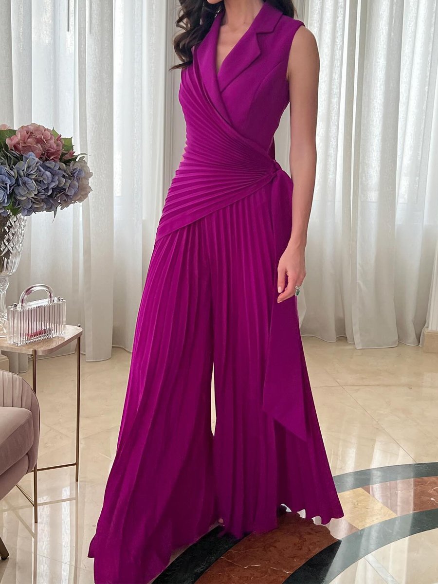 Fashion Lapel Pleated Sleeveless Wide Leg Jumpsuit