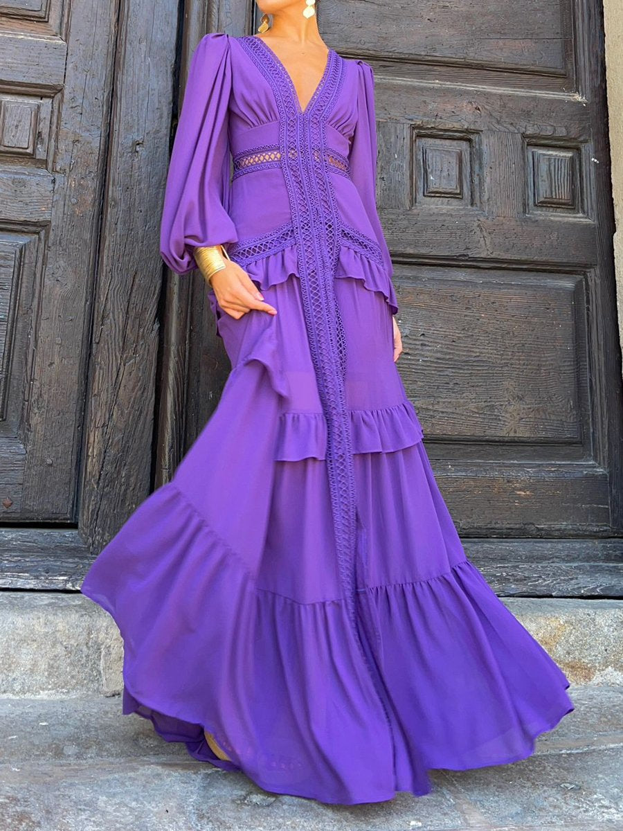 Elegant Patchwork Long Sleeve V Neck Ruffled Dress