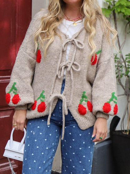 Cherry Embroidered Jacquard Cardigan Women's Strap Sweater