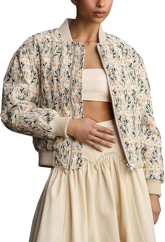 Women's Embroidered Daisy Cropped Bomber Jacket