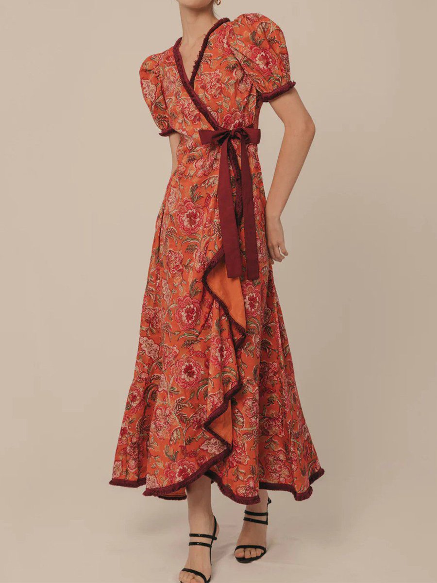 Bohemian Floral Print Lace Up Maxi Dress