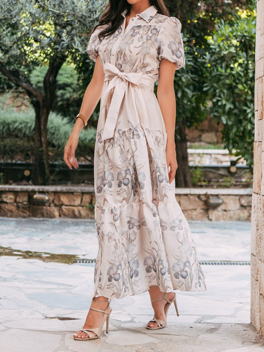 Floral Print Short Sleeve Lace Up Maxi Dress