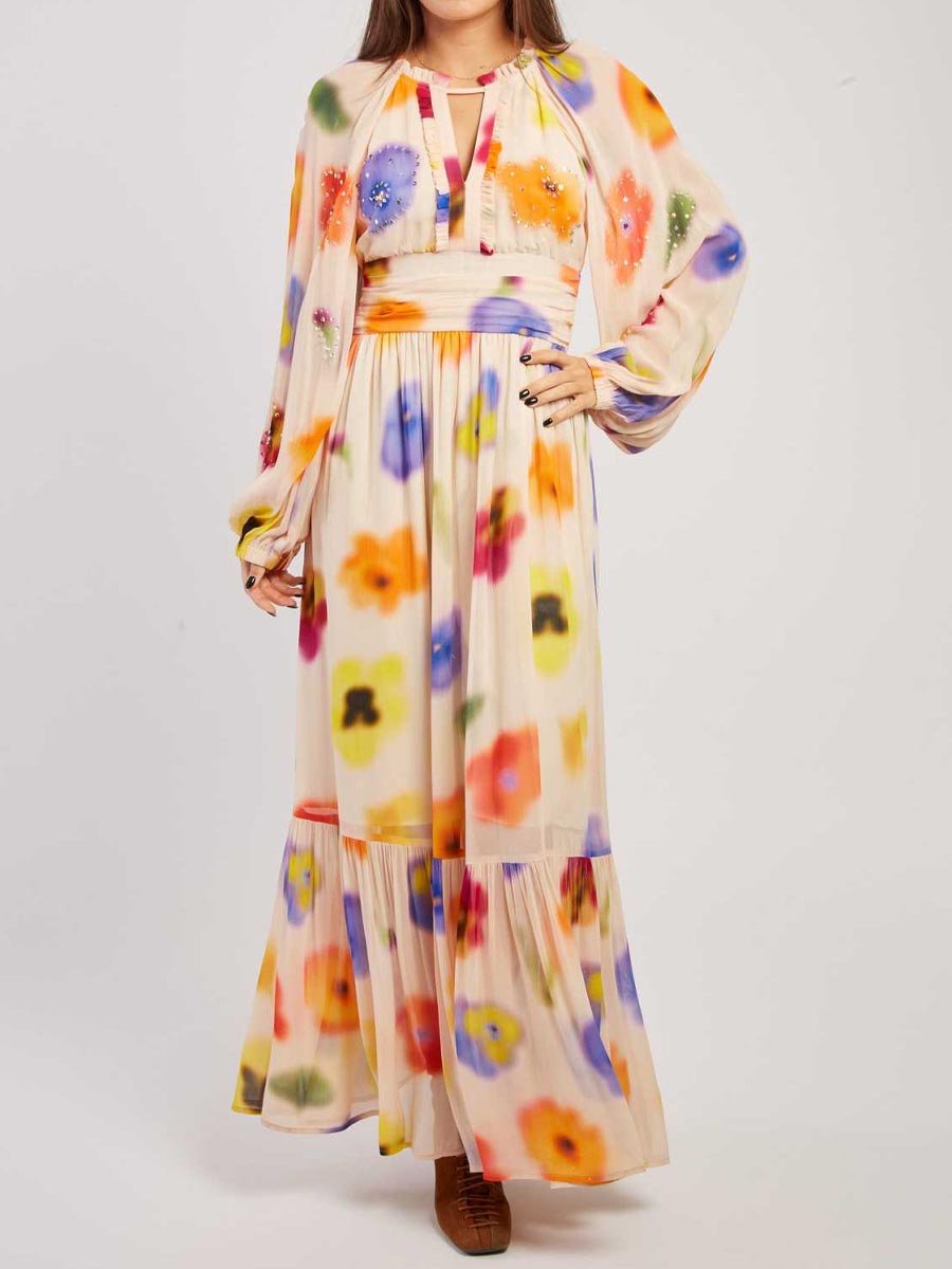 Printed Ruffled V Neck Maxi Dress