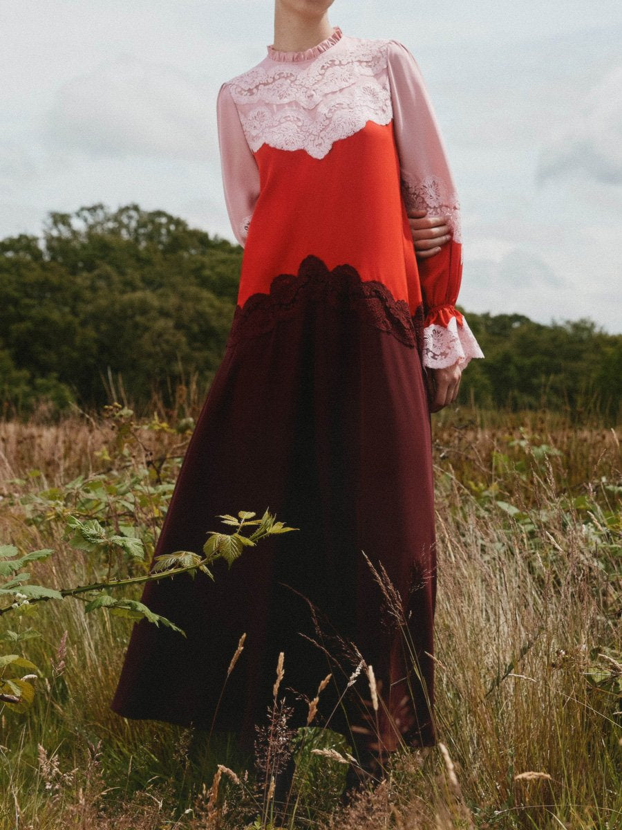 Silk Colour Block Lace Belted Maxi Dress