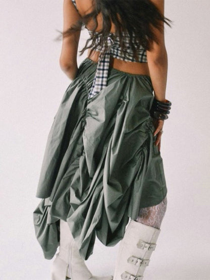 Wrinkled Elastic Waist Irregular Maxi Skirt