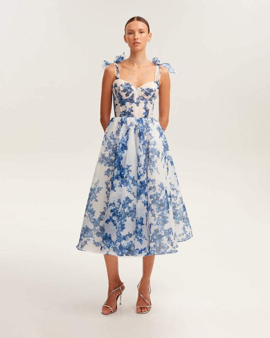 Women's Blue Printed Strapless Dress