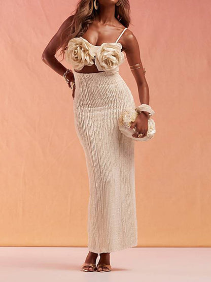 Oversized Corsages Textured Maxi Dress