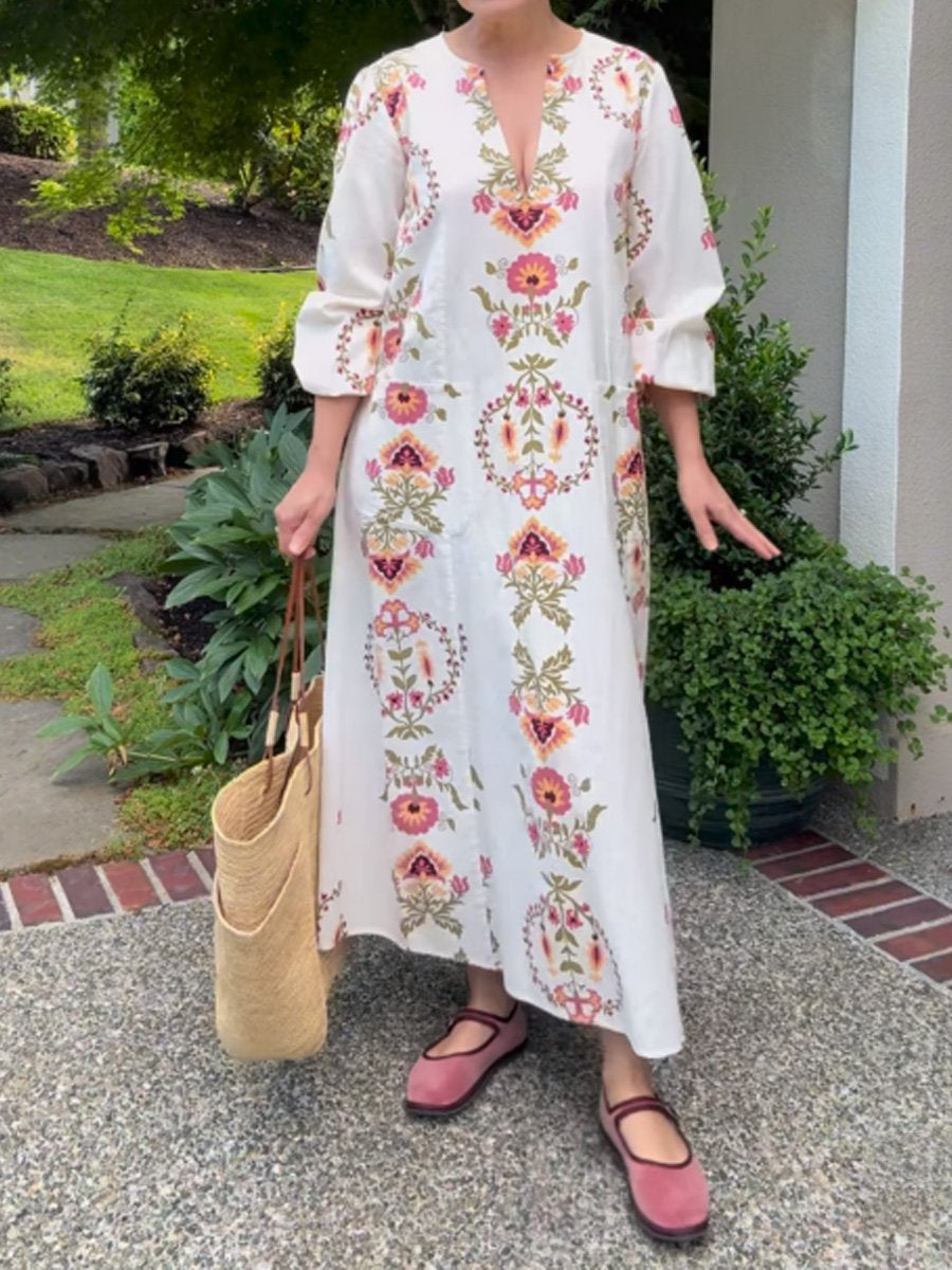 Split Neck Printed Long Sleeve Dress