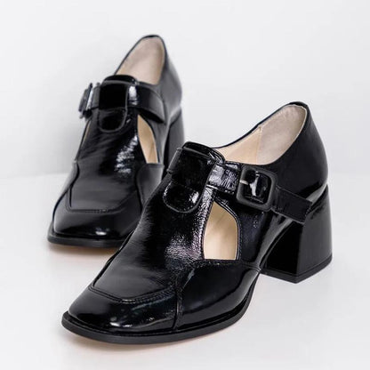 Vintage Thick-Heel T-strap Leather Shoes