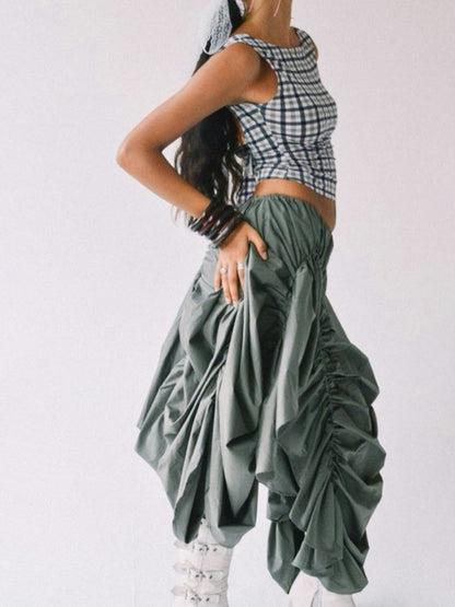 Wrinkled Elastic Waist Irregular Maxi Skirt