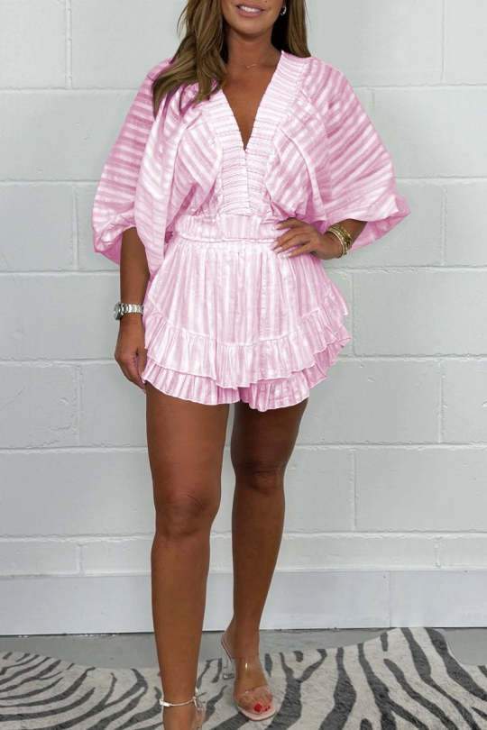 Women's v neck detail top and frilly shorts set