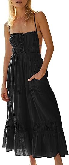 Women's Summer Casual Long Spaghetti Straps Backless Self Tie Tiered Flowy Maxi Dresses