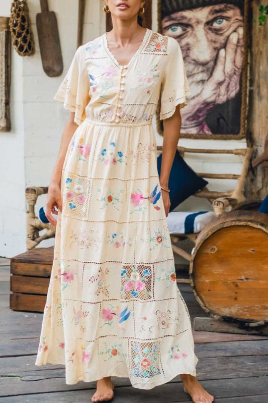 Hummingbird Pattern Patchwork Dress