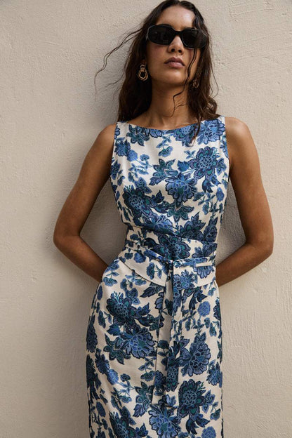 Printed Sleeveless Tunic Dress Blue