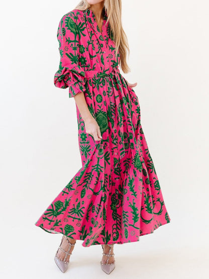 Printed Lace Up Long Sleeve Maxi Dress