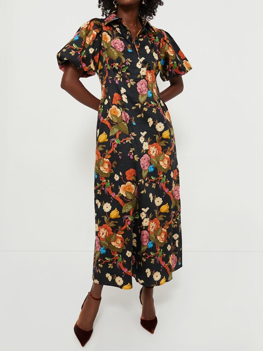 Floral Print Puff Sleeve Midi Shirtdress