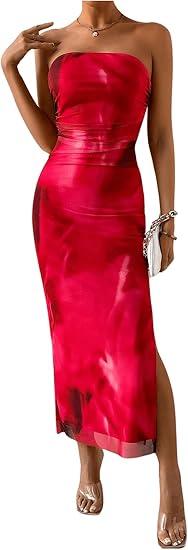 Women's Summer Tie Dye Strapeless Ruched Bodycon Maxi Dress